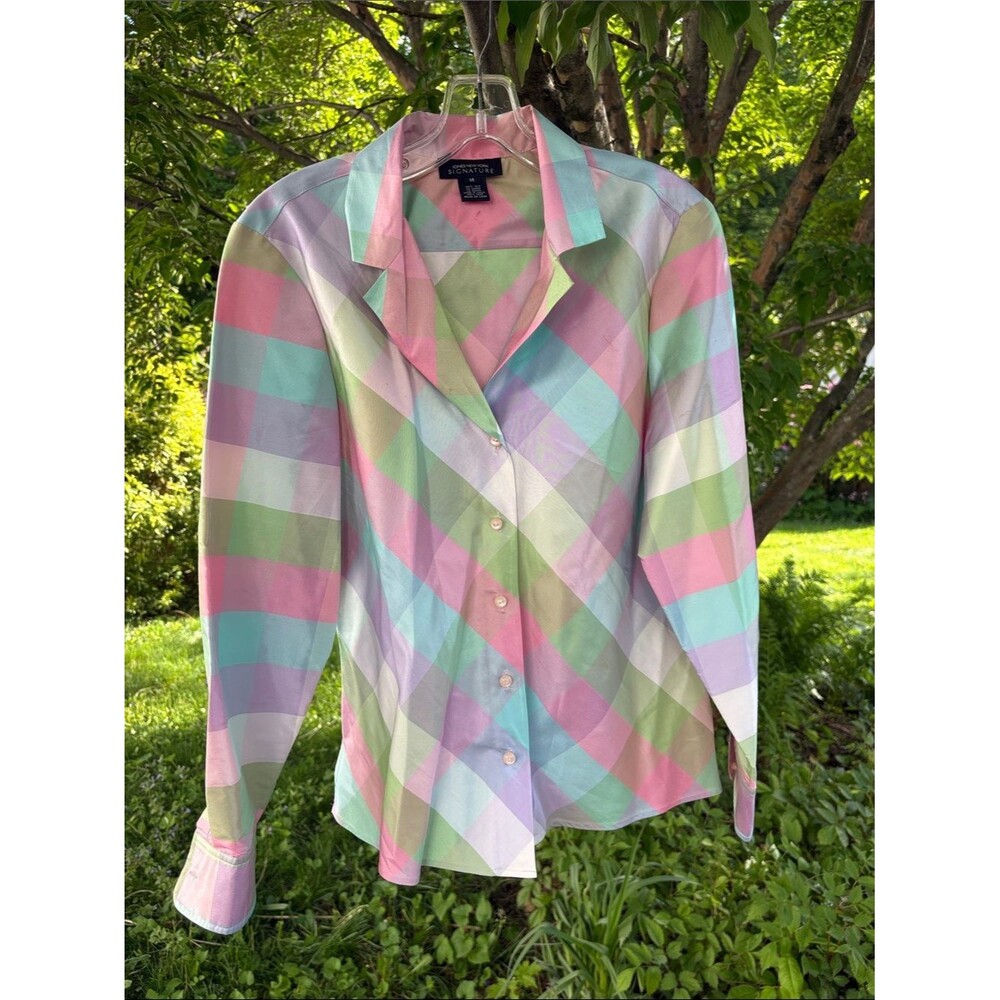 Jones New York Pastel Plaid Button-Up Blouse M